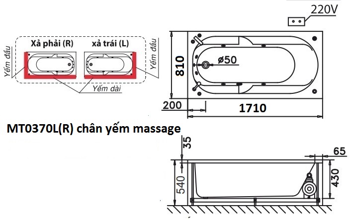 Bản vẽ kỹ thuật bồn tắm dài Caesar MT0370L(R) 1,7M