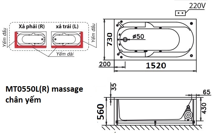 Bản vẽ kỹ thuật bồn tắm dài Caesar MT0550L(R) 1,5M