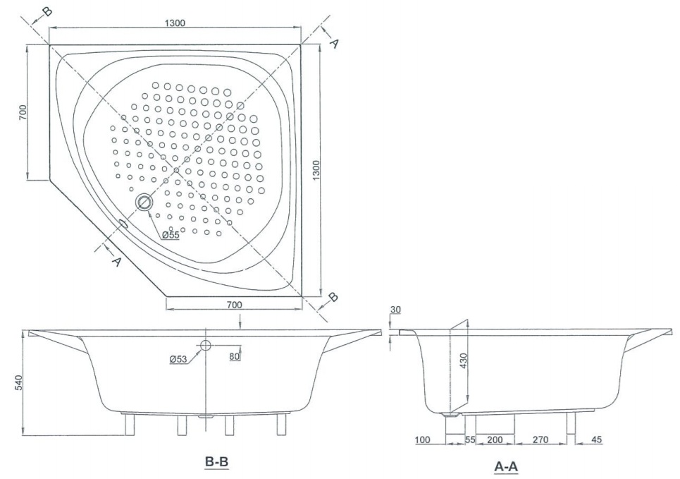 Bản vẽ kỹ thuật bồn tắm góc TOTO PAY1300PE/DB505R-2B