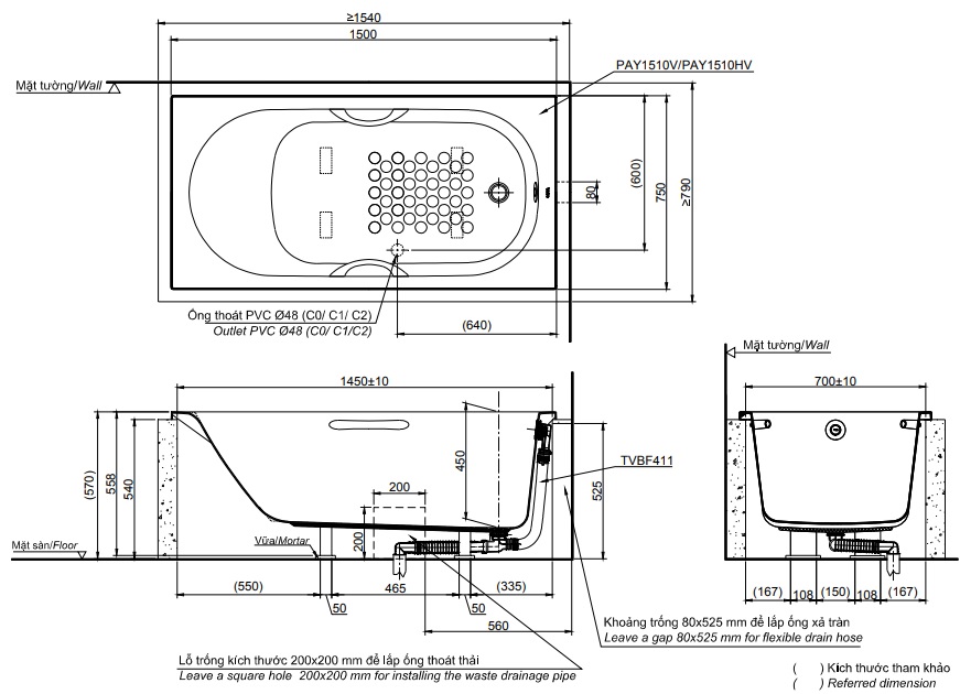 Bản vẽ kỹ thuật bồn tắm TOTO PAY1510V-TBVF411