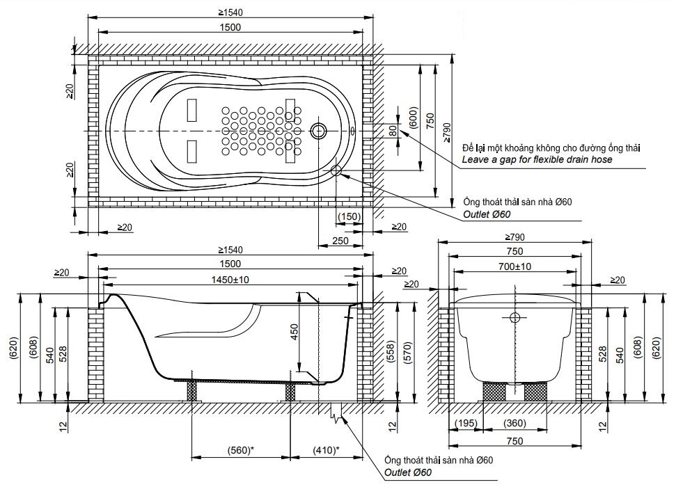 Bản vẽ kỹ thuật bồn tắm PAY1570DH DB501R-2B TOTO