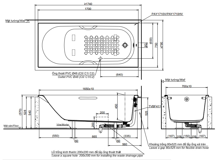 Bản vẽ kỹ thuật bồn tắm TOTO PAY1710HV-TBVF411