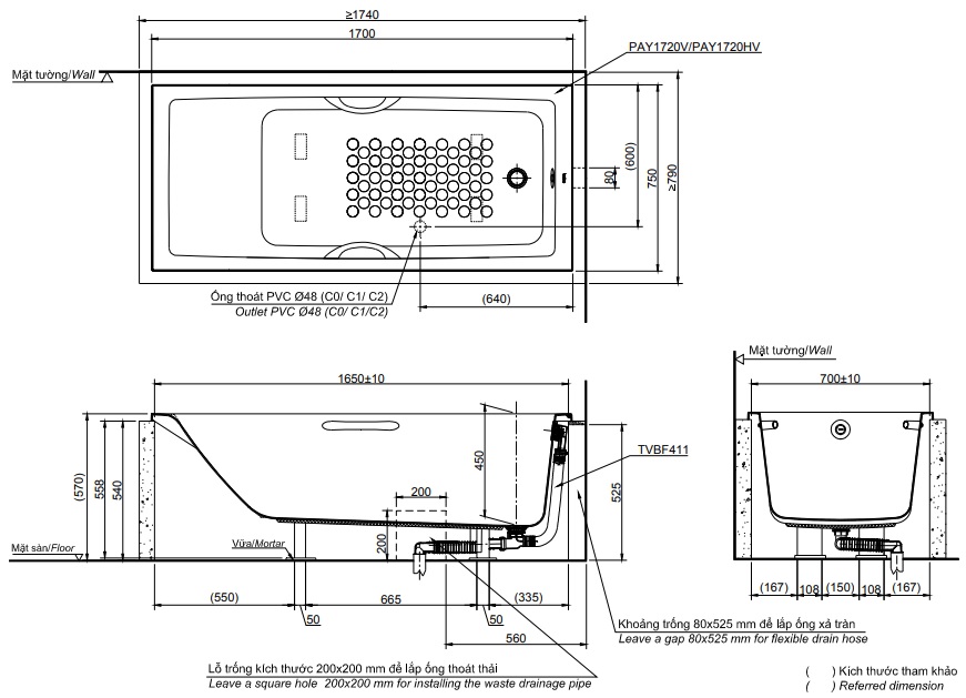 Bản vẽ kỹ thuật bồn tắm TOTO PAY1720V-TBVF411