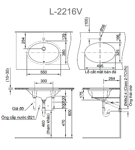 Bản vẽ kỹ thuật Chậu Rửa Lavabo Âm Bàn INAX L-2216V