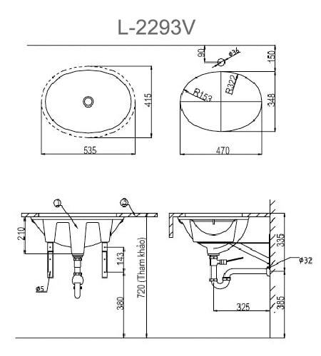 Bản vẽ kỹ thuật Chậu Rửa Lavabo Âm Bàn INAX L-2293V