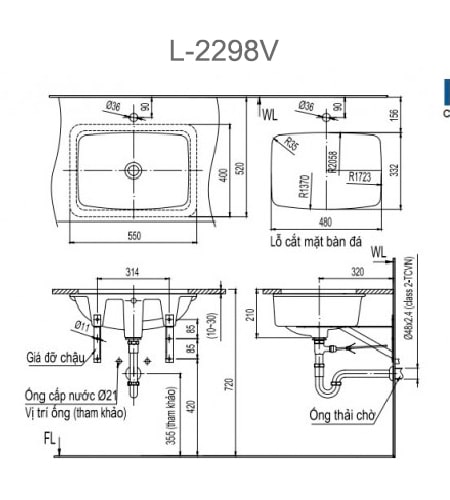 Bản vẽ kỹ thuật Chậu Rửa Lavabo Âm Bàn INAX L-2298V
