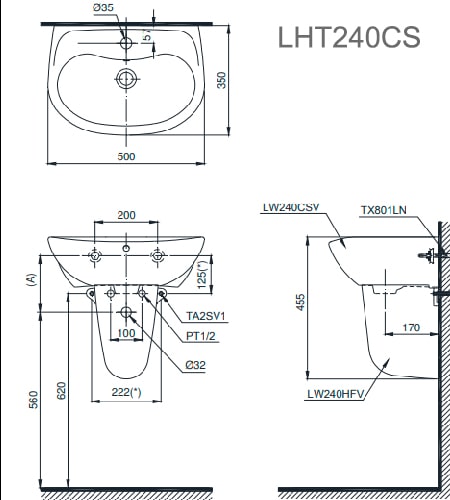 Bản vẽ kỹ thuật Chậu Rửa Lavabo Treo Tường Chân Lửng TOTO LHT240CS