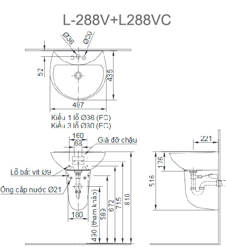 Bản vẽ kỹ thuật Chậu Rửa Lavabo Treo Tường Chân Ngắn INAX L-285V+L288VC