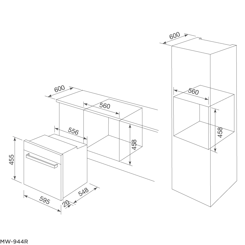 Bản vẽ kỹ thuật lò nướng âm tủ kết hợp vi sóng Malloca MW-944R