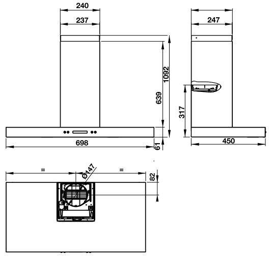 Bản vẽ kỹ thuật máy hút mùi âm tủ HH-WI70B Hafele 539.81.168