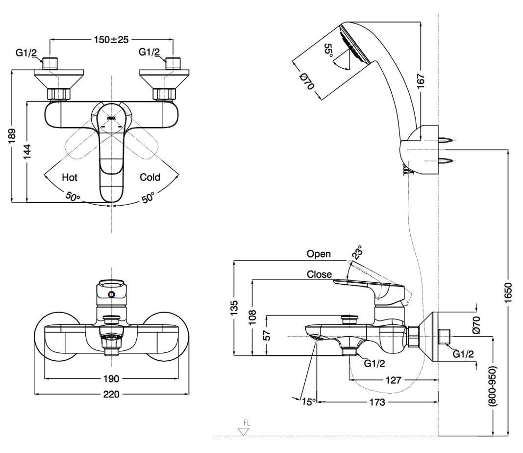 Bản vẽ vòi hoa sen tắm Inax BFV-1403S-4C