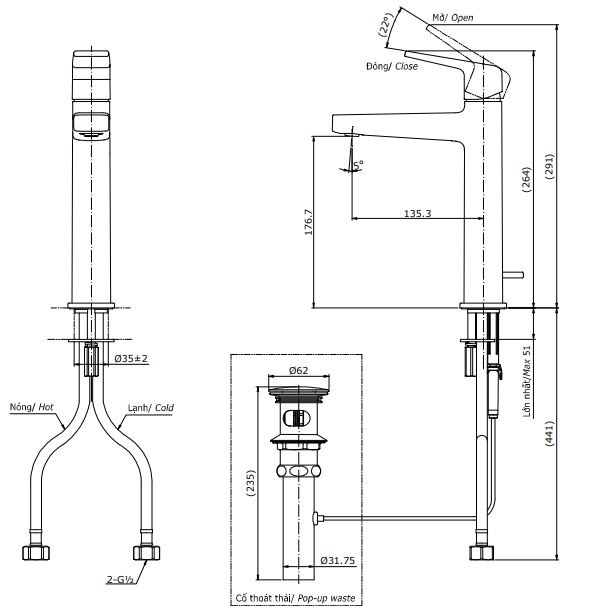 Bản vẽ kỹ thuật vòi nước TOTO nóng lạnh TLG10303V