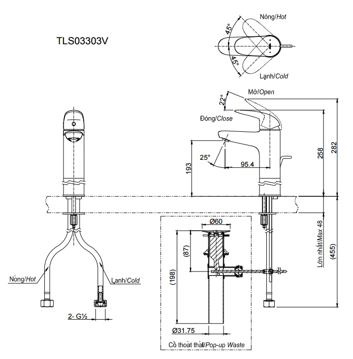 Bản vẽ kỹ thuật vòi nước TOTO TLS03303V nóng lạnh