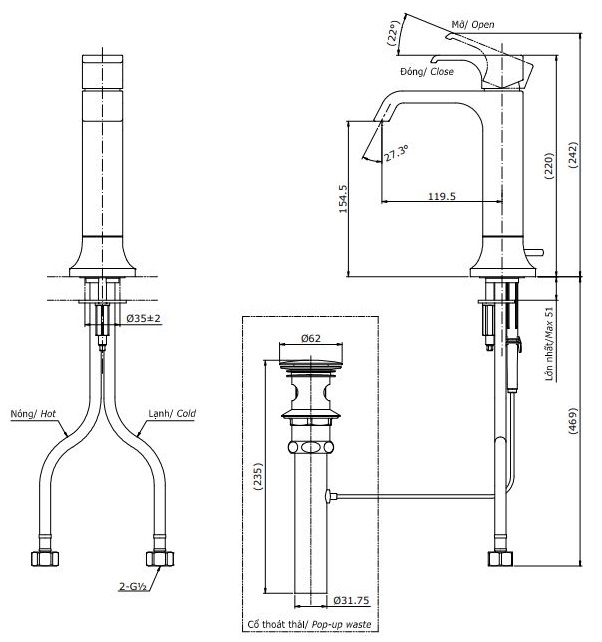 Bản vẽ kỹ thuật vòi nước TOTO nóng lạnh TLG08303V