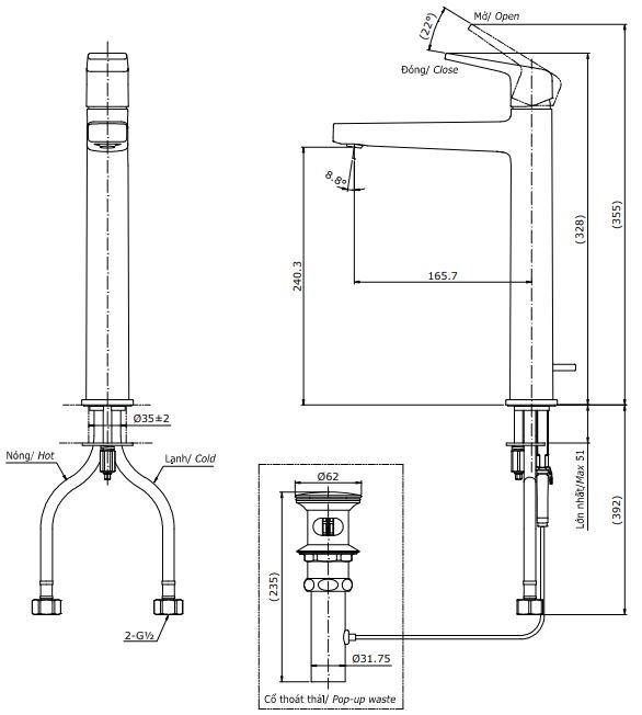 Bản vẽ kỹ thuật vòi nước TOTO nóng lạnh TLG10305V