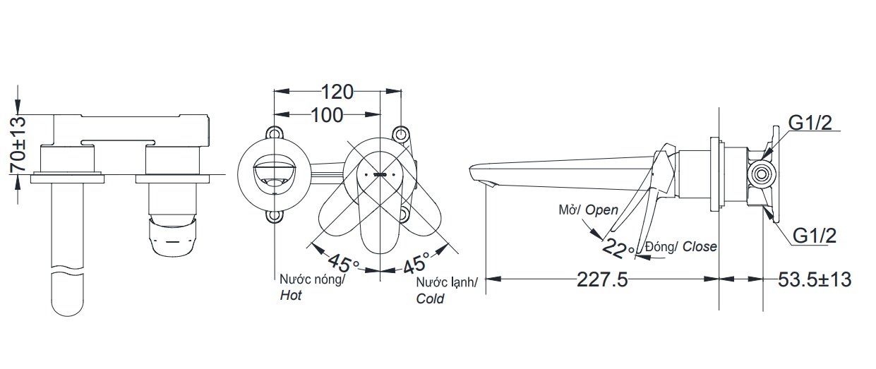 bản vẽ vòi chậu gật gù TOTO TLS04309B nóng lạnh gắn tường