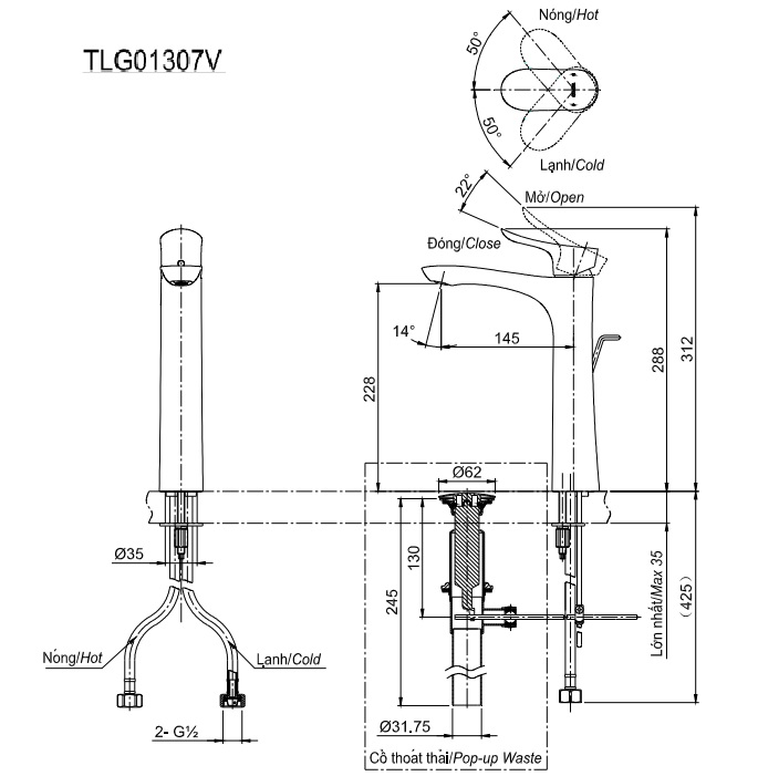 Bản vẽ kỹ thuật vòi TOTO TLG01307V