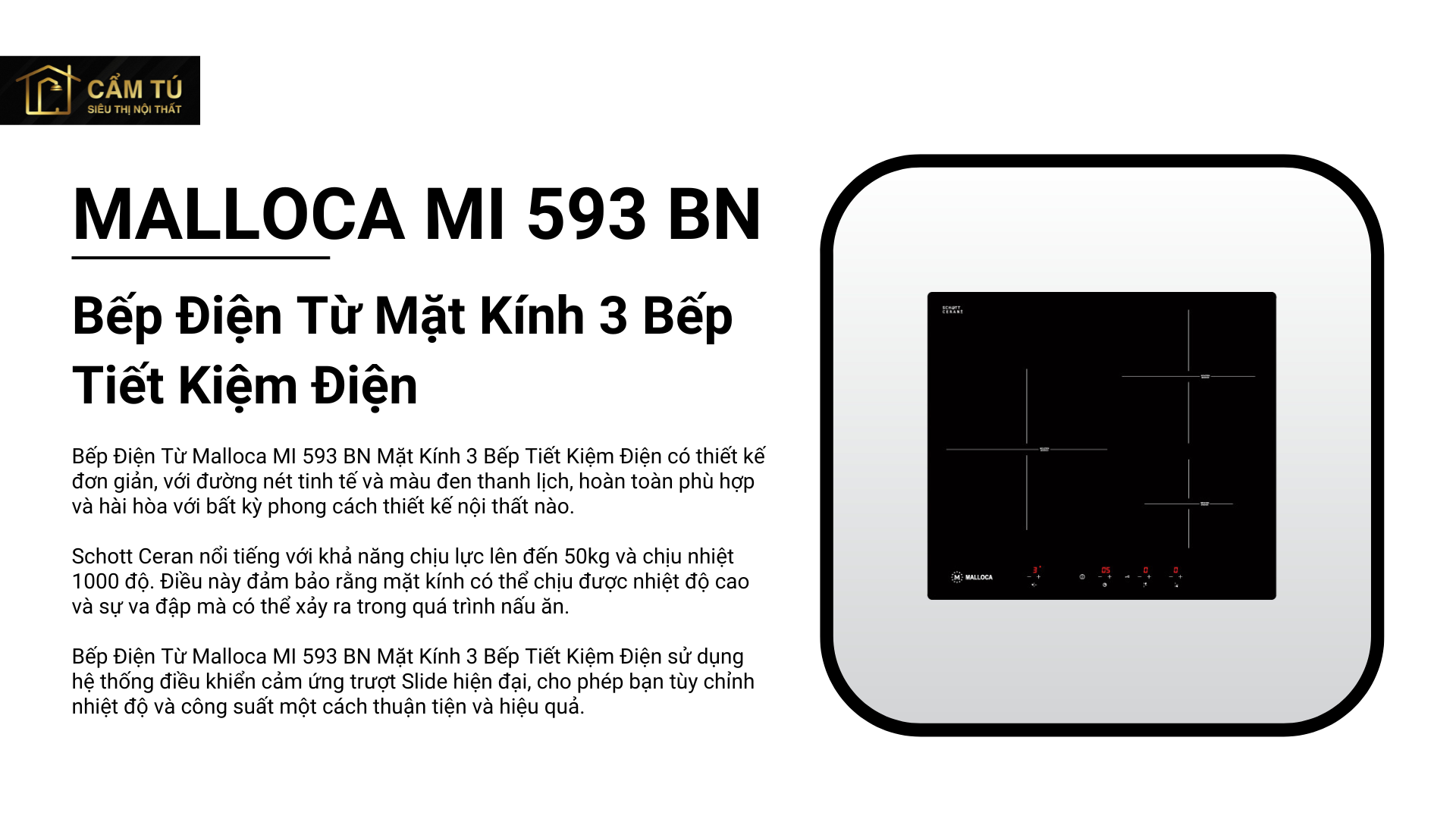 Bếp Điện Từ Malloca MI 593 BN Mặt Kính 3 Bếp Tiết Kiệm Điện