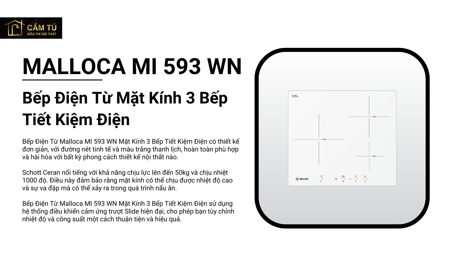 Bếp Điện Từ Malloca MI 593 WN Mặt Kính 3 Bếp Tiết Kiệm Điện