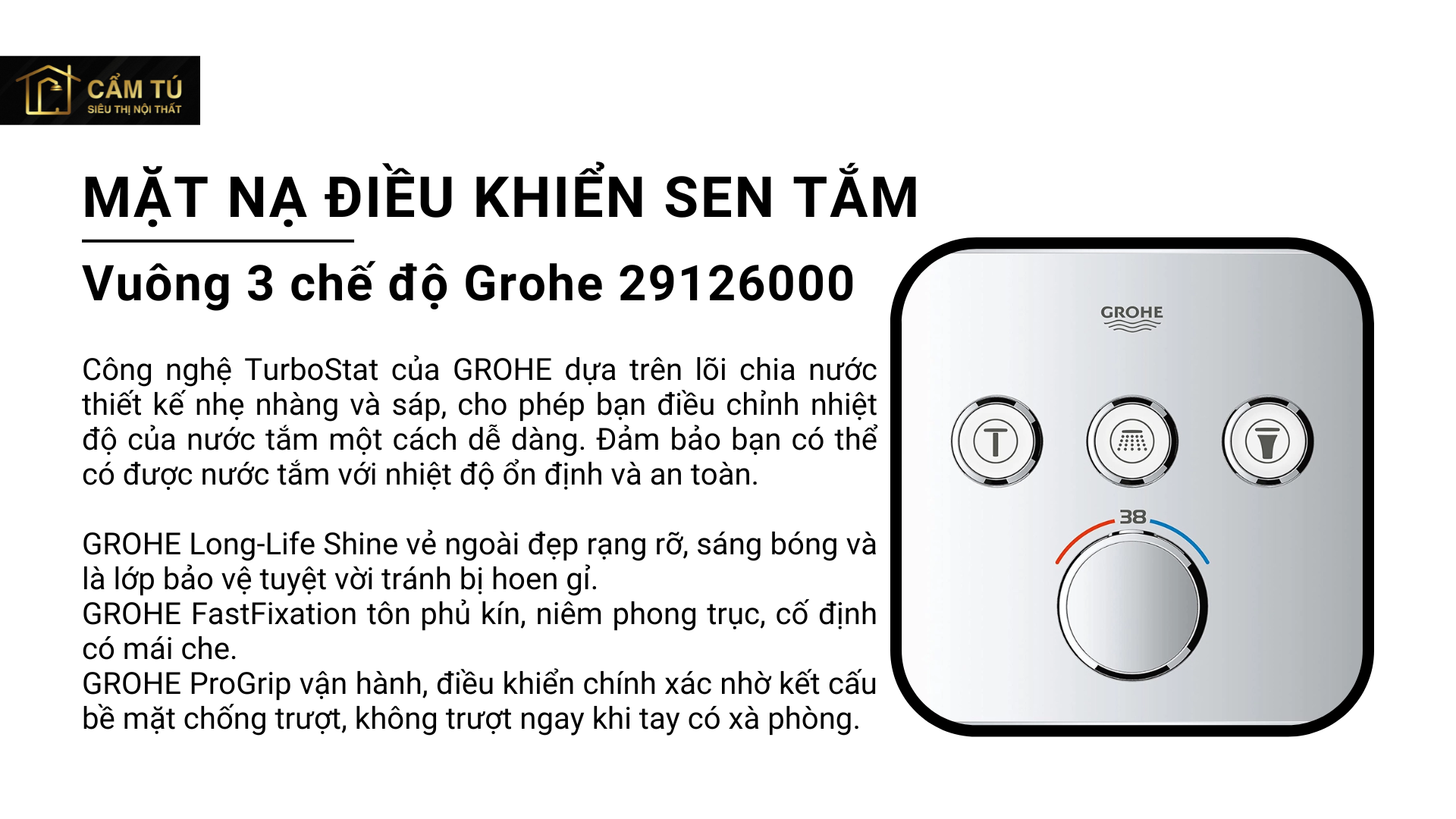 Mặt nạ điều khiển sen tắm vuông 3 chế độ Grohe 29126000