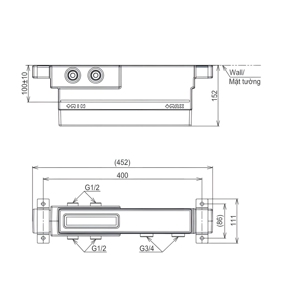 Bản vẽ Van Âm Tường TOTO TBN11BC0A 2 Đường Nước Âm Tường Dòng G