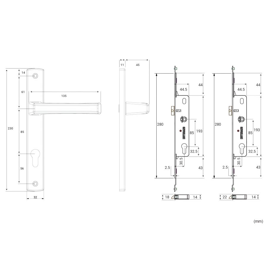 Bản vẽ Khóa tay nắm đa điểm Huy Hoàng EX 88 sơn ghi