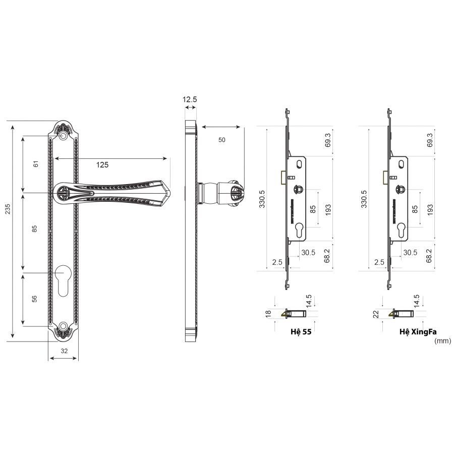Bản vẽ Khóa tay nắm đa điểm Huy Hoàng HCX 61
