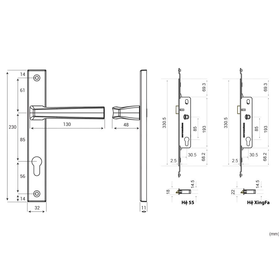 Bản vẽ Khóa tay nắm đa điểm Huy Hoàng AP SS 68