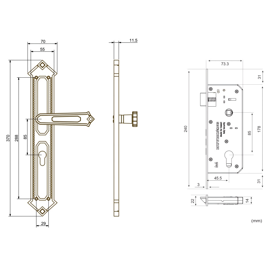 Bản vẽ Khóa Tay nắm HeleH HC 85 KING PVD Gold
