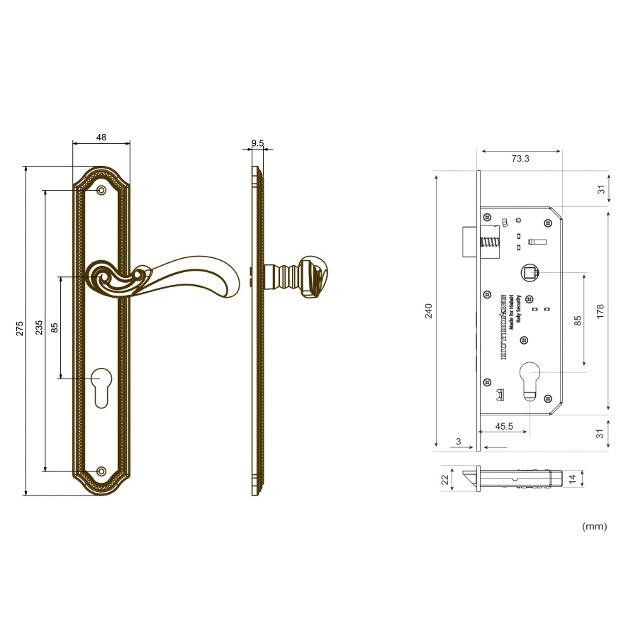 Bản vẽ Khóa Tay nắm HeleH HC 85 PRINCE PVD Gold
