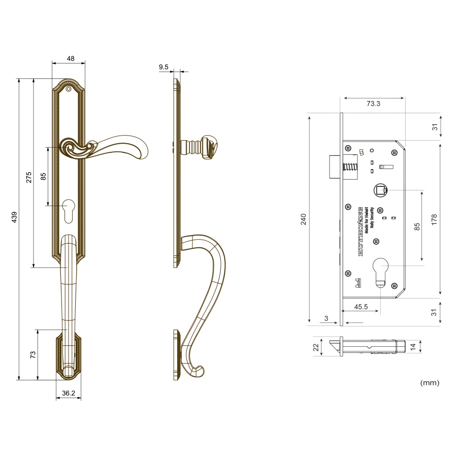 Bản vẽ Khóa cửa đại sảnh HeleH HC 85 PRINCE PVD Gold