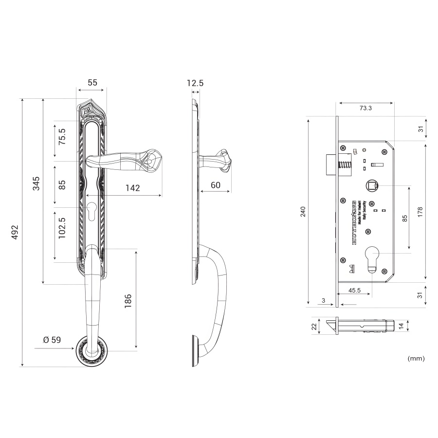 Bản vẽ Khóa cửa đại sảnh HeleH HC 85 QUEEN PVD Gold
