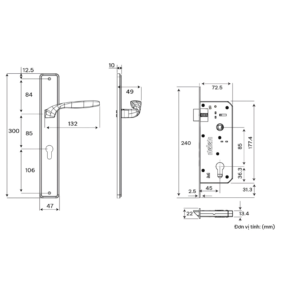 Bản vẽ Khóa Tay nắm cửa HeleH HCC 85 Diamond TNHCC85D