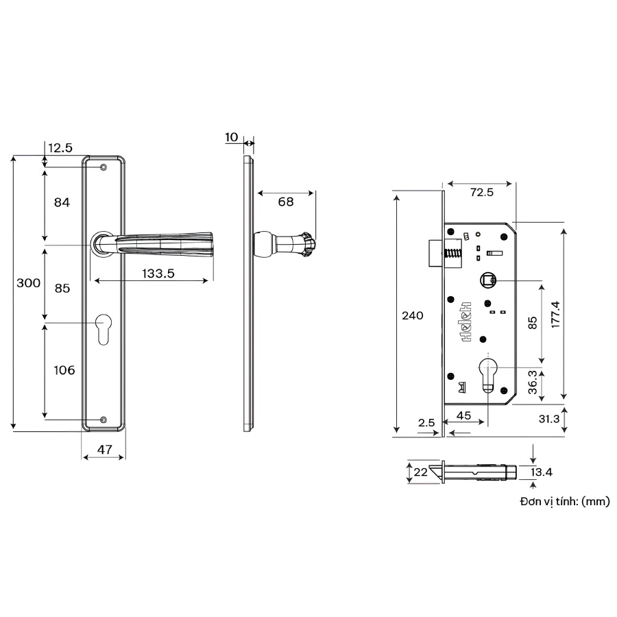 Bản vẽ Khóa Tay nắm cửa HeleH HCC 85 Ruby