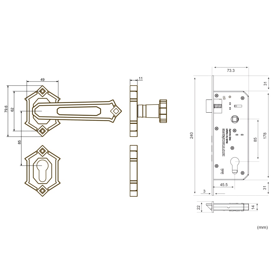 Bản vẽ Khóa Tay nắm phân thể HeleH HC 85 KING PVD Gold