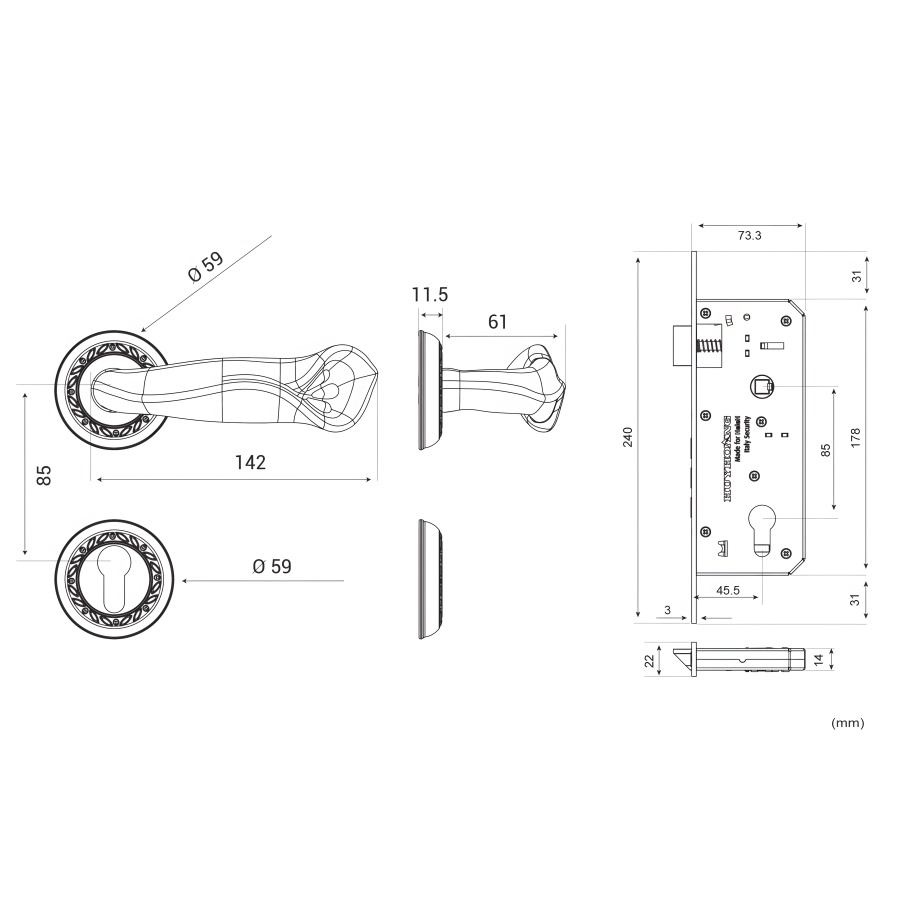 Bản vẽ Khóa Tay nắm phân thể HeleH HC 85 QUEEN PVD Gold