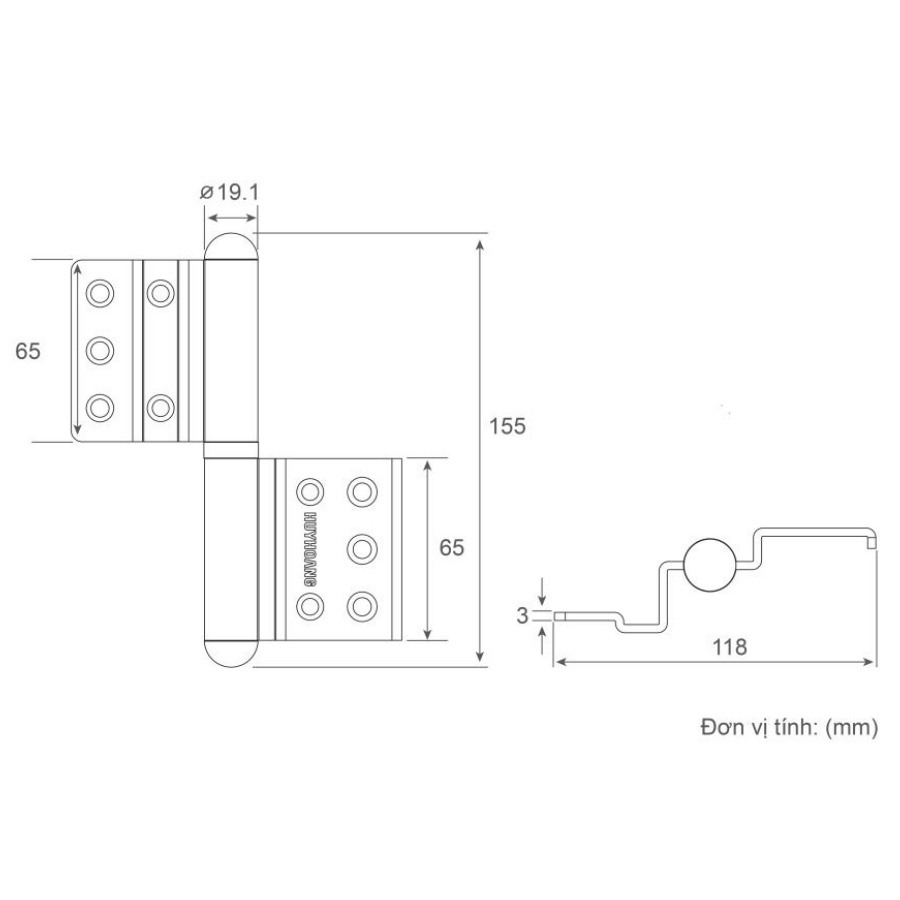Bản vẽ Bản lề cối Huy Hoàng 01 Xingfa 4 cánh Sơn trắng
