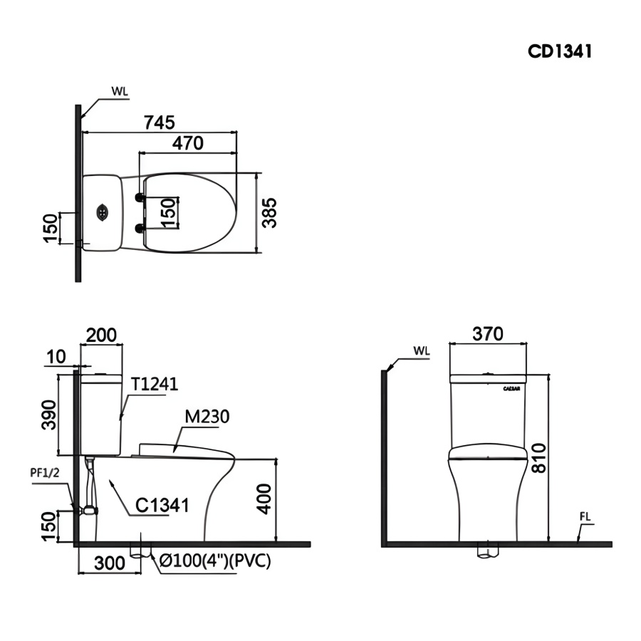 Bồn Cầu Điện Tử CAESAR CD1341/TAF400H 2 Khối