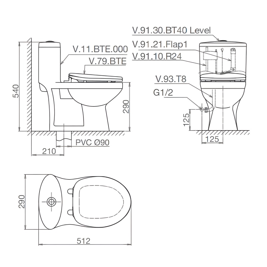 Bản vẽ Bồn Cầu Viglacera BTE 1 Khối Xả Nhấn Trẻ Em