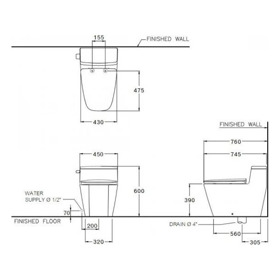 Bản vẽ Bồn Cầu COTTO C101907 Một Khối Hercules Curve