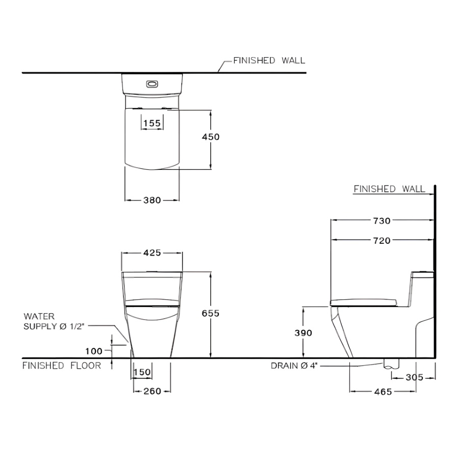 Bản vẽ Bồn Cầu Cotto C107127 Một Khối Nắp Êm