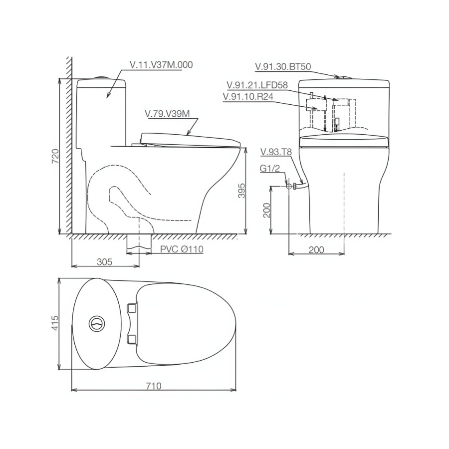 Bản vẽ kích thước bệ xí bệt V37 M Viglacera