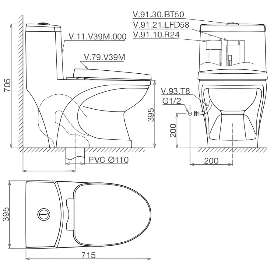 Bản vẽ bệ xí bệt V 39 Viglacera 1 khối