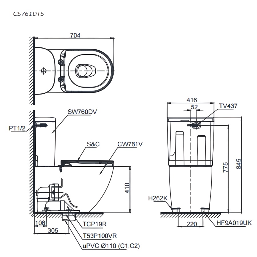 Bản vẽ Bồn Cầu TOTO CS761DT5 2 Khối Nắp TC384CVK