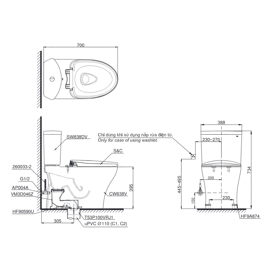 Bản vẽ Bồn Cầu Hai khối TOTO CS838DT2 Nắp Đóng Êm TC393VS