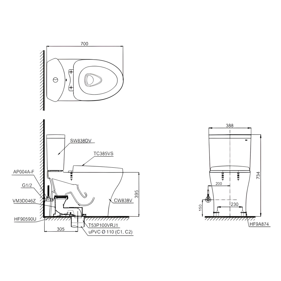 Bản vẽ Bồn Cầu Hai Khối TOTO CS838DT3 Nắp Đóng Êm TC385VS