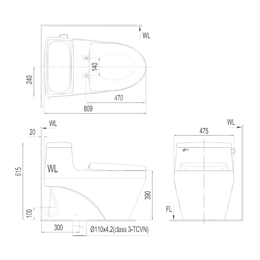 Bản vẽ bệt inax 1035 nắp điện tử CW-KB22