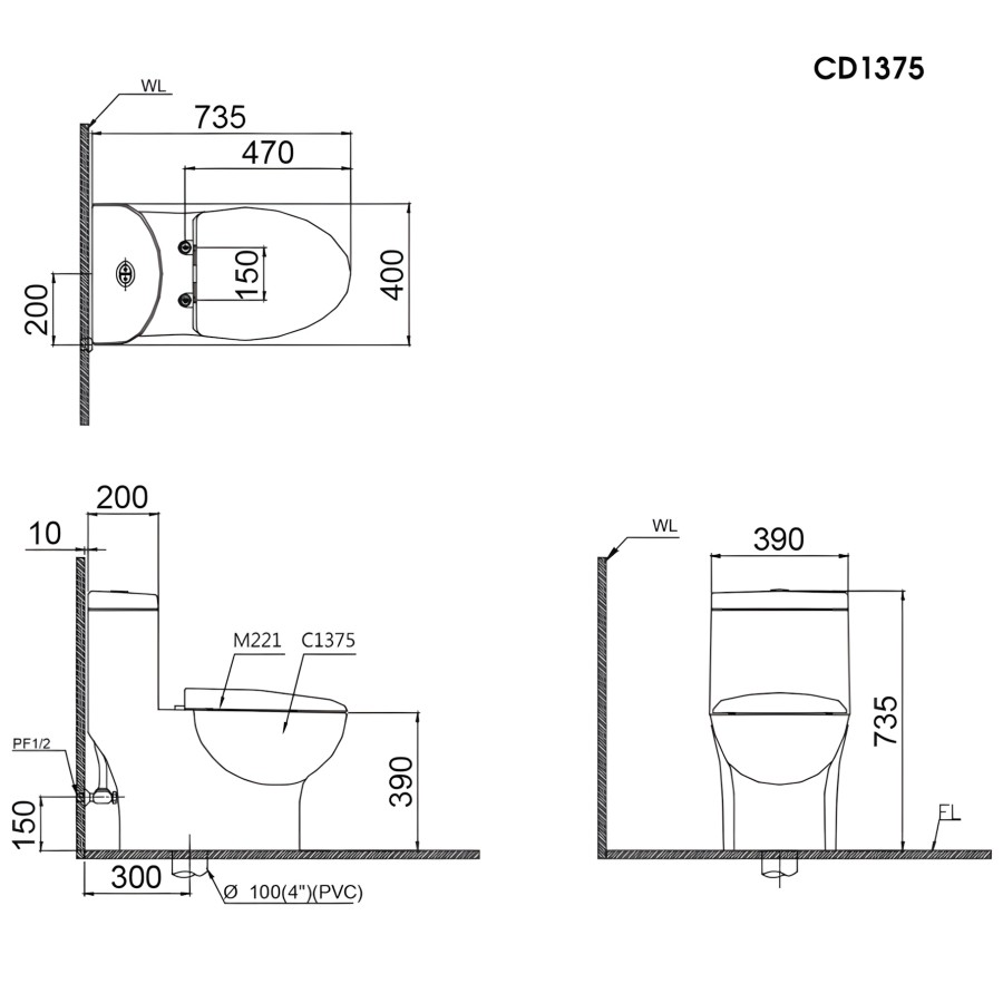 Bản vẽ kỹ thuật bồn cầu 1 khối nắp điện tử Caesar C1375F + TAF610H