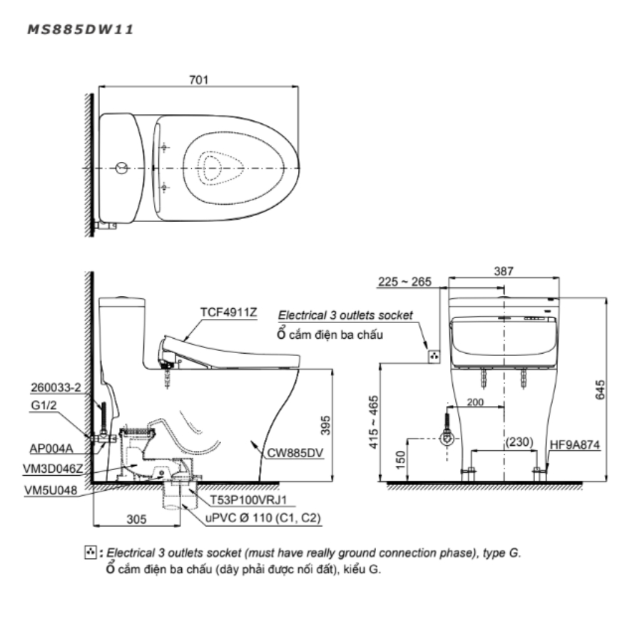Bản vẽ Bồn Cầu TOTO MS885DW11 Một Khối Nắp Điện Tử Washlet S7 TCF4911Z