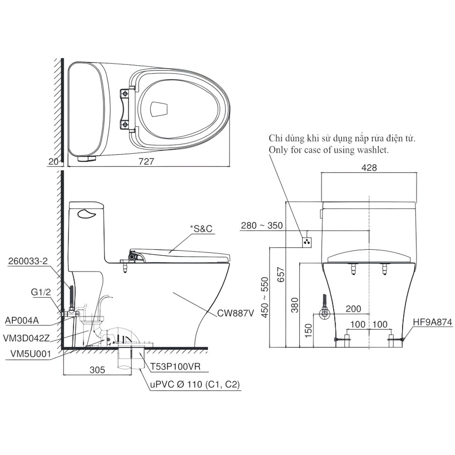 Bản vẽ kích thước bồn cầu Washlet MS887W14 TOTO